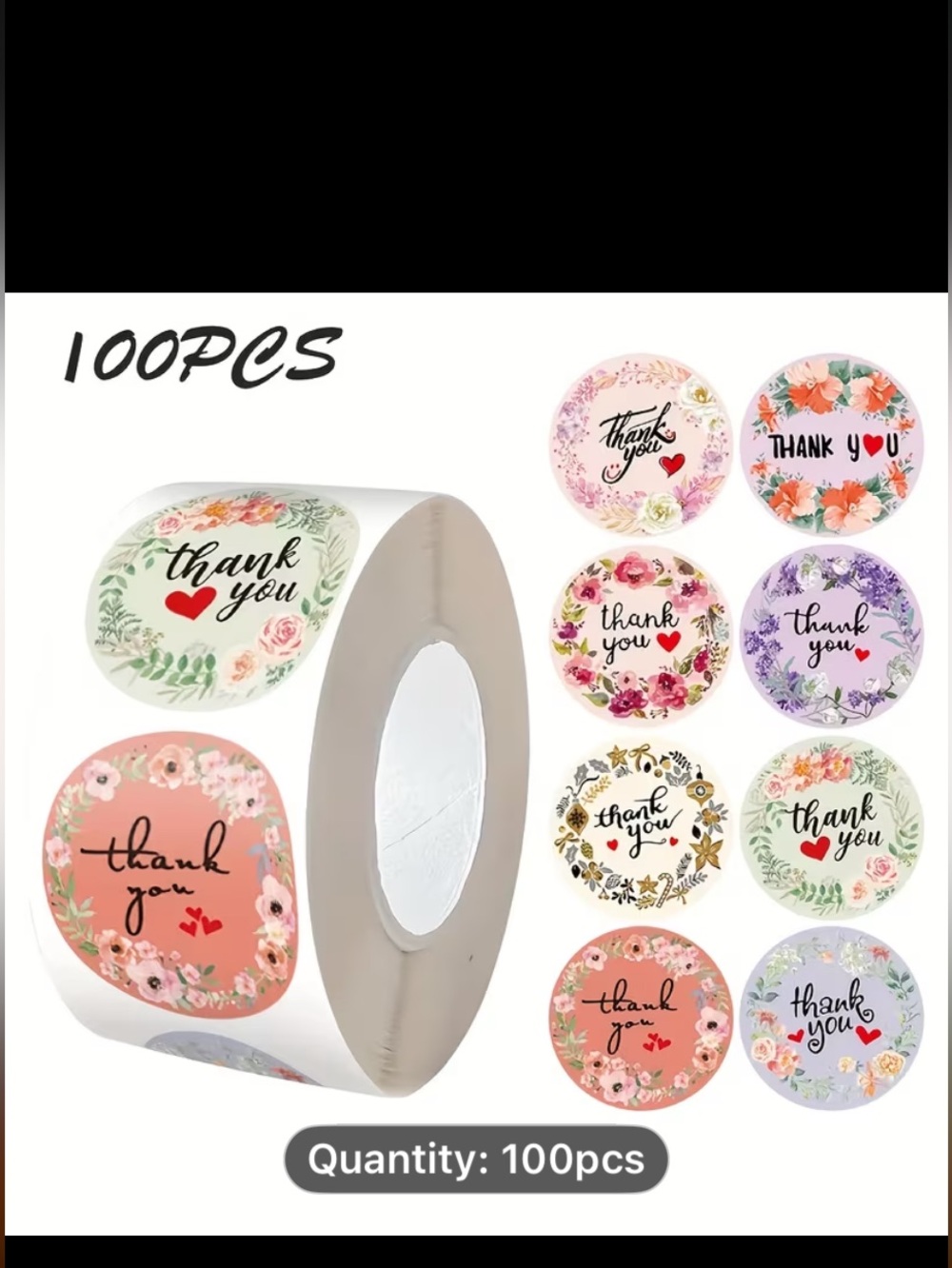 Round Floral "Thank You" Sticker Roll - Assorted Pastel Colors (100pcs)
